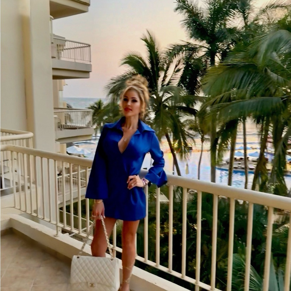 Blue Long Sleeve Shirt Dress Button Down Short Dress with Collar